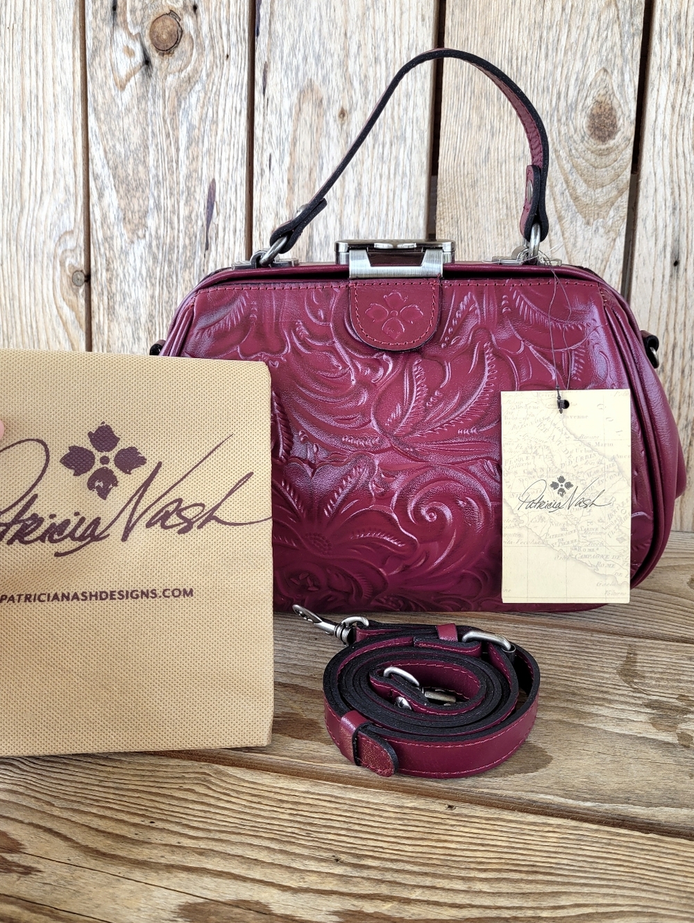 Patricia Nash Burnished Tooled Leather Magenta Satchel Crossbody Handbag NWT